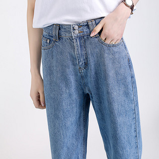 拉夏贝尔旗下春季新款高腰显瘦牛仔裤女式直筒宽松设计感老爹裤
