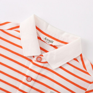袖安奈儿童装男童夏款翻领短袖T恤2021新款条纹款衬衫针织衫 白橙条 150cm