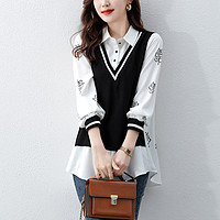 拉夏贝尔旗下春季新款印花衬衫拼接假两件长袖减龄百搭上衣 XL 黑色