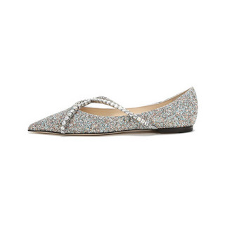 周仰杰 JIMMY CHOO 女士闪光面料尖头单鞋平底鞋银色多色 GENEVI FLAT YOG 211 SILVER MULTI CRYSTAL 35码