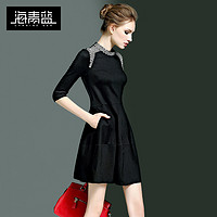 海青蓝2021春季女装新款时尚复古圆领钉珠小黑裙优雅气质连衣裙子