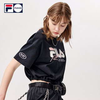 FILA FUSION 斐乐潮牌针织短袖衫2021夏季新款时尚运动短款T恤女 深黑-BK（宽松版型，建议拍小一码） 180/96A/XXL