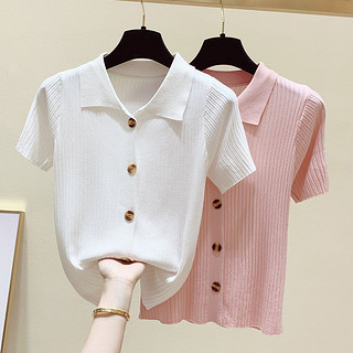 港味复古Polo领针织衫女拉夏贝尔旗下2021夏季新款短袖衫 M 粉色