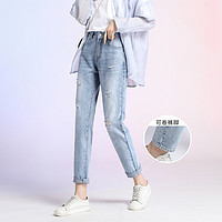 【磨破做旧显瘦牛仔裤】拉夏贝尔旗下2021春季新款时尚女式牛仔裤 XL 浅蓝