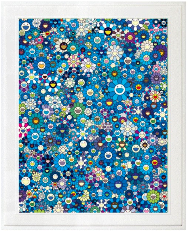 墨斗鱼村上隆太阳花版画蓝色53 68 9cm 年胶版版画手工装裱300版多少钱 什么值得买