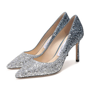 周仰杰 JIMMY CHOO 女士闪光面料高跟鞋银蓝色渐变 ROMY 85 BRE 173 SILVER DUSK BLUE 38.5码