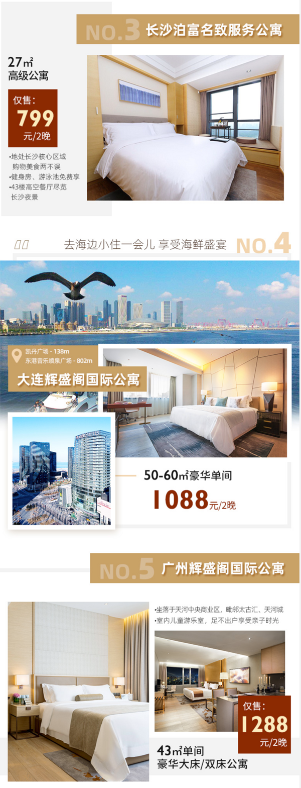 周末不加价!辉盛公寓酒店全国7店 豪华房2晚