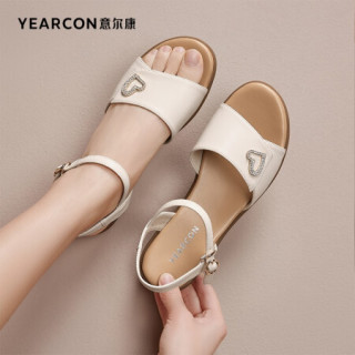 意尔康女鞋一字带平底凉鞋女心形饰品舒适百搭休闲鞋子1372dl26346w米