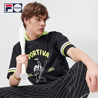 FILA FUSION 潮牌针织短袖衫2021春夏新品印花运动宽松圆领T恤男 T11M122110F 深黑-BK（宽松版型，建议拍小一码） 180/100A/XL