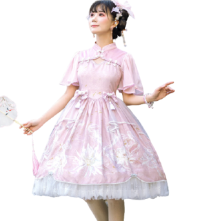 四叶工房lolita洛丽塔中华风昙花水母女士op短袖连衣裙粉红色s 报价价格评测怎么样 什么值得买