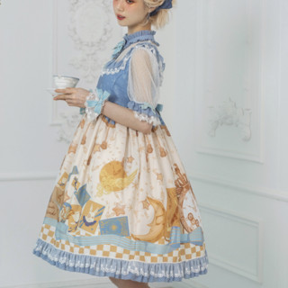 CEL洋装设计 Lolita洛丽塔 爱丽丝兔 女士小高腰OP短袖连衣裙 浅蓝/米黄 L
