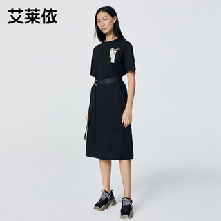 艾莱依时尚短袖T恤连衣裙女2021夏新款印花宽松韩版ins收腰长裙 冰沙黄 175