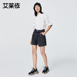 艾莱依2021夏新款高腰a字牛仔短裤女宽松毛边短裤显瘦显高短裤潮 牛仔黑 175