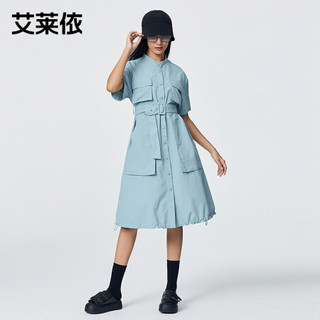 艾莱依2021夏新款工装衬衫式连衣裙女收腰显瘦单排扣短袖中长裙 石墨蓝 160