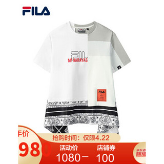 FILA×MIHARA 斐乐女子短袖2021夏季新款T恤圆领撞色潮下摆印花衫 标准白拼珍珠灰-WT 170/88A/L