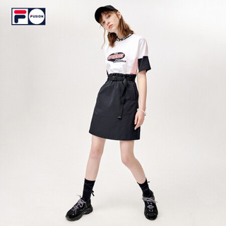 FILA FUSION 斐乐潮牌女装连衣裙2021夏季新款撞色拼接时尚休闲裙 T11W123305F 深黑-BK 175/92A/XL