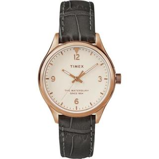 天美时（TIMEX）Waterbury系列 女士手表 34mm表盘 黑色压纹皮革表带腕表 Grey 34mm