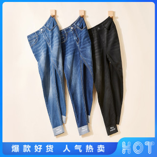 森马新款显瘦修身小脚裤字母印花毛边裤子牛仔九分裤女装