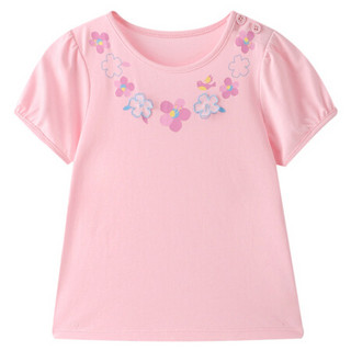 安奈儿童装女童夏款圆领短袖T恤2021新款洋气印花休闲上衣 蔷薇粉 120cm