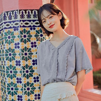 YINMAN 茵曼 1802301 女士绣花短袖衬衫   灰蓝色 L