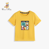 精典泰迪Classic Teddy童装儿童T恤男童短袖上衣宝宝圆领套头衣服婴儿外出服夏季2021新款 漫画小熊织标短袖杏黄 140