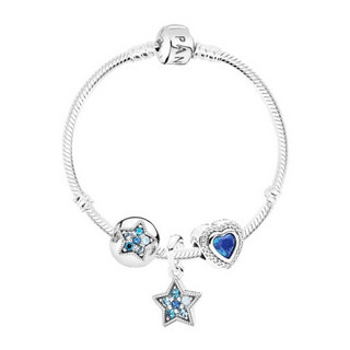 Pandora潘多拉手链蓝色星星闪耀的心女士手链套装LZPDL0139七夕礼物女友礼物 蓝色 18cm