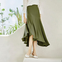 夏季新品半身裙女设计师合作款褶皱不规则设计中长款半裙 L 绿色(02)