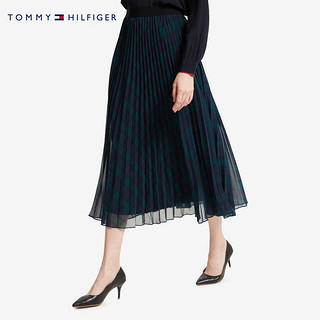 TOMMY HILFIGER女装中长款格纹百褶半身裙WW0WW28843（34、蓝绿格纹0MJ）