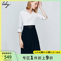 Lily 2021夏新款女装简约商务不规则领拼接高腰设计通勤连衣裙