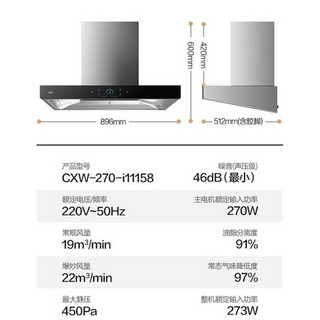 华帝（VATTI）i11158 战神 欧式家用抽油烟机烟灶套装 22风量挥手 深拢潜吸 自动清洗 节能鸳鸯灶（天然气）