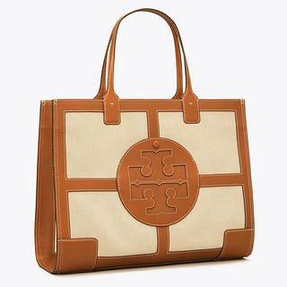 TORY BURCH 汤丽柏琦女包宋佳同款 ELLA大号帆布拼牛皮托特包 棕色