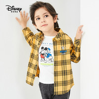 迪士尼 Disney 男童童装儿童梭织法兰绒长袖衬衫宝宝厚衣服打底衫2020秋 DB031FE05 黄黑格 100cm