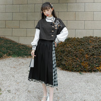 十三余小豆蔻儿[玄松]国风刺绣马甲百搭衬衫格子拼接半裙女（S、马甲）