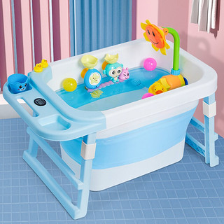 虎式飞跃 泡澡桶儿童可折叠浴桶浴盆数显软塑洗澡桶家用加厚保温婴幼儿洗澡盆 带温度计款--粉色