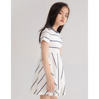 商场同款安奈儿童装女童夏款短袖连衣裙2021新款条纹翻领裙学院风 白蓝条 120cm
