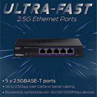 TRENDnet 5 端口非托管 2.5G 开关,5 x 2.5GBASE-T 端口,25Gbps 交换容量,向后兼容 10-100-1000Mbps 设备,无风扇,壁挂式,黑色,TEG-S350