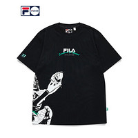 FILA FUSION 潮牌男子针织短袖衫2021夏秋新款棒球运动印花T恤男 T11M132109F  深黑-BK（宽松版型，建议拍小一码） 185/104A/XXL