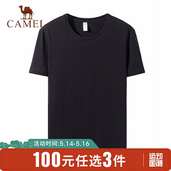 CAMEL 骆驼 骆驼(CAMEL) 运动T恤情侣款宽松短袖男简约透气运动休闲女圆领半袖衫 C0S2XLN662-1 男款 金刚黑 L