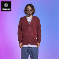 PANMAX男士毛衣 秋季薄款针织衫V领纯色潮牌胖子大码开衫男外套 酒红色 XL