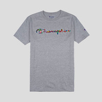 Champion 国旗拼接草写logo纯色圆领短袖T恤