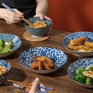 美浓烧 蓝绘碗盘筷子餐具套装日本进口家用陶瓷盘子汤碗碟轻奢和风 13.2CM饭碗5个+21.5CM深盘5个