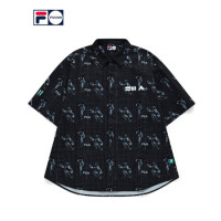 FILA 斐乐 FUSION 潮牌官方男子短袖衬衫2021夏秋新款个性图案满印上衣 T11M132401F 活力运动黑