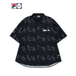 FILA 斐乐 FUSION 潮牌官方男子短袖衬衫2021夏秋新款个性图案满印上衣 T11M132401F 活力运动黑