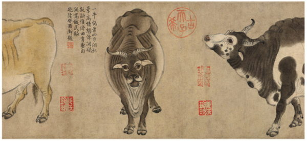 艺术家的礼物韩滉五牛图27120cm装饰画版画小号柚木框