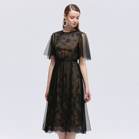 春夏蕾丝花边网纱气质仙女连衣裙 M 黑色