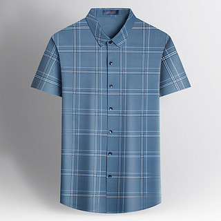 2021夏季新款时尚复古格纹弹力垂顺透气凉爽短袖衬衣男衬衫男 52 蓝色