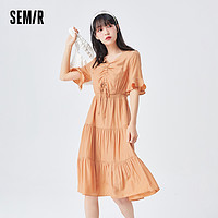 Semir 森马 连衣裙女V领收腰显瘦裙子2021夏季新款女装蛋糕裙温柔风长裙