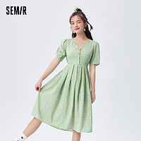 Semir 森马 连衣裙女2021夏季新款V领黄色格子裙温柔风收腰显瘦气质裙子