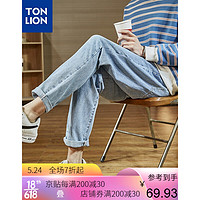 Tonlion 唐狮 牛仔裤男2021春季新款宽松直筒裤子男士 浅牛仔蓝 34