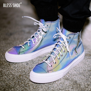 BLESS SHOE Demon夜魔 夏季 彩色反光鞋情侣款高帮帆布鞋休闲鞋 彩色反光 36